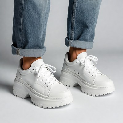 Woman wearing white platform sneakers