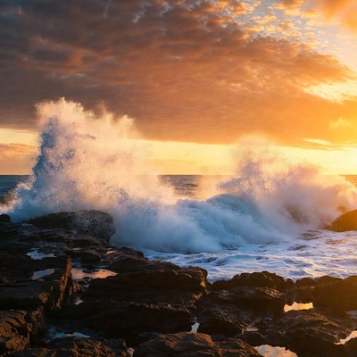 Ocean Waves Crashing on Rocks at Sunset