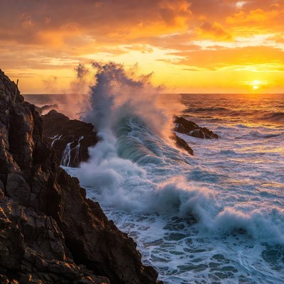 Ocean Waves Crashing on Rocks at Sunset
