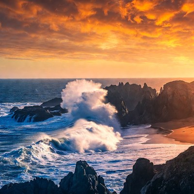 Ocean Waves Crashing on Rocky Beach at Sunset