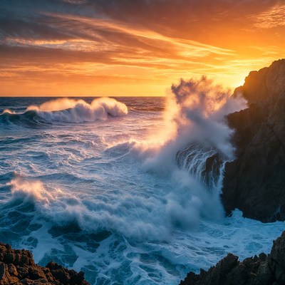 Ocean Waves Crashing on Rocks at Sunset
