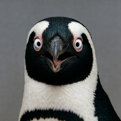 Close-up of surprised penguin face