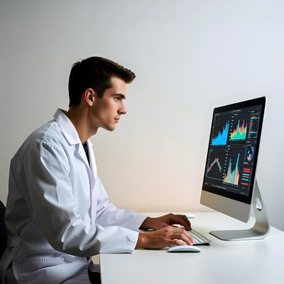 Man in lab coat analyzing data charts