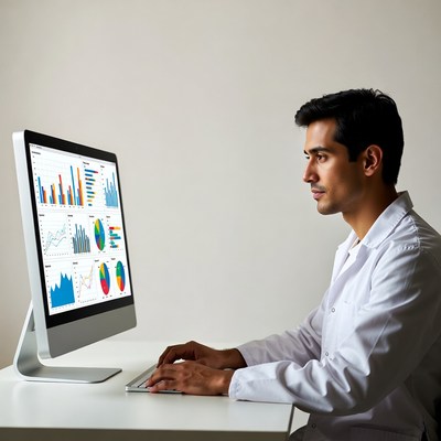 Indian man analyzing data on monitor