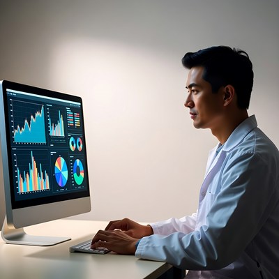 Asian man analyzing charts on monitor