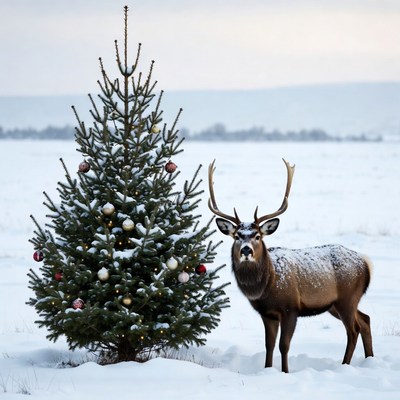 Red Deer Beside Snowy Christmas Tree