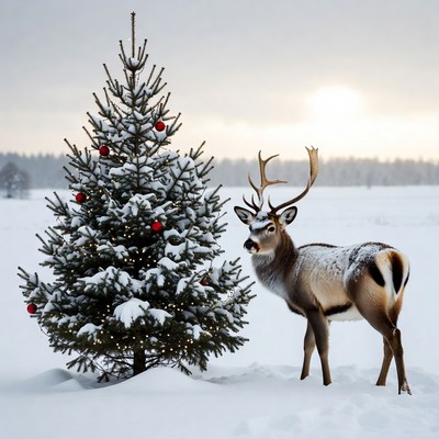 Reindeer beside decorated Christmas tree
