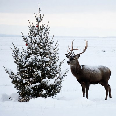 Deer beside snowy Christmas tree