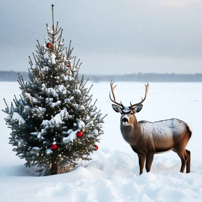Reindeer standing by decorated Christmas tree