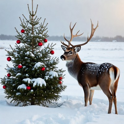 Reindeer beside Christmas tree in snow