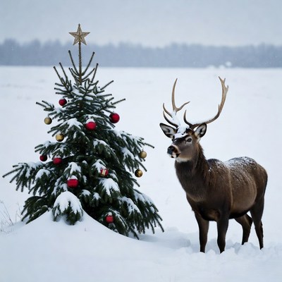 Reindeer beside decorated Christmas tree in snow