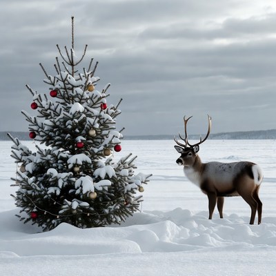 Reindeer beside decorated Christmas tree