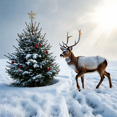 Reindeer beside Christmas tree in snow