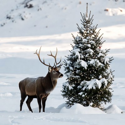 Red Deer Beside Snowy Christmas Tree