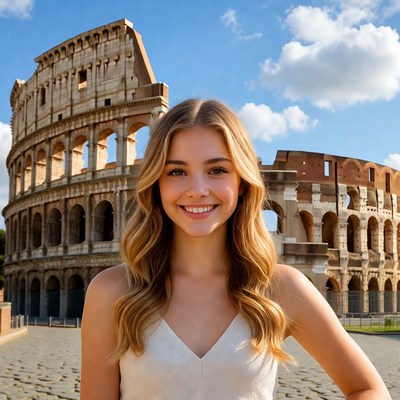 Smiling blonde woman at Colosseum