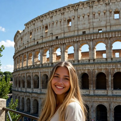 Smiling blonde woman at Colosseum