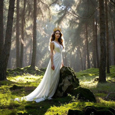 Woman in white gown and crown in forest