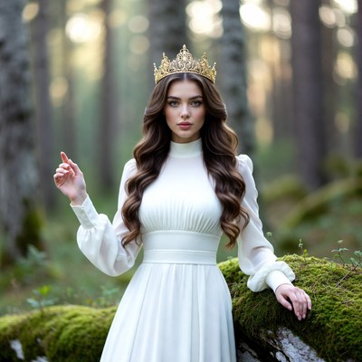 Woman in white dress and crown in forest