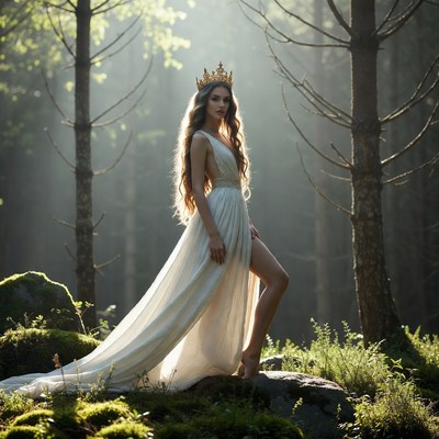 Woman in white gown with crown in forest