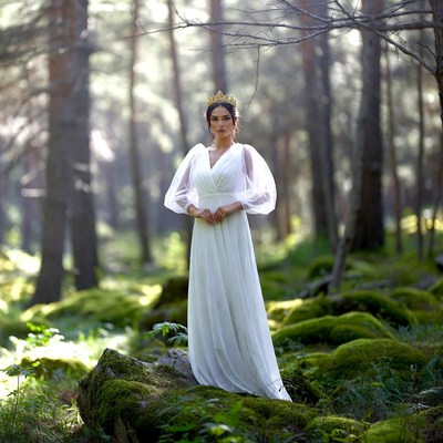 Woman in white gown with crown in forest