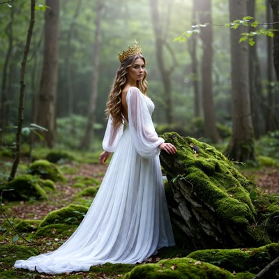 Woman in white gown and crown in forest