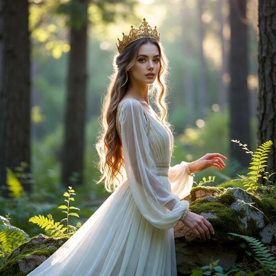 Woman in white gown with crown in forest