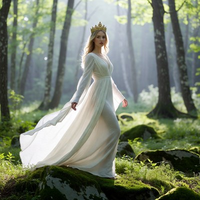 Blonde woman in white gown forest