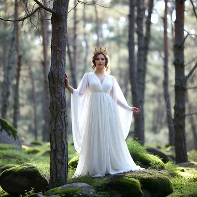 Woman in white gown with crown in forest