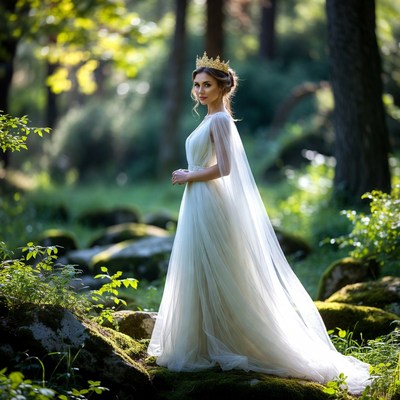 Woman in white gown and crown in forest