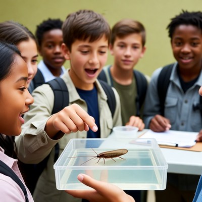Diverse children examining cockroach in classroom