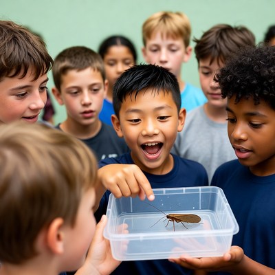 Boys examining large brown bug