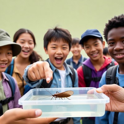 Asian kids examining crane fly in container