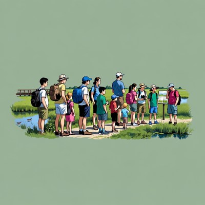 Group hiking nature trail illustration