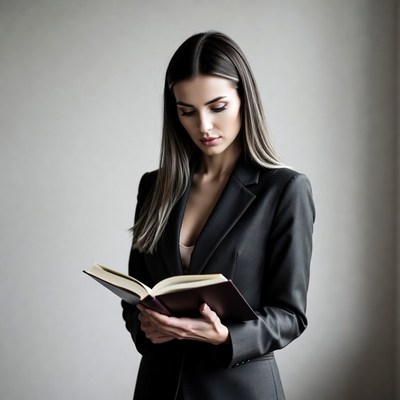 Woman reading book in blazer