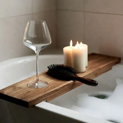 Wine Glass and Candles on Bathtub Tray