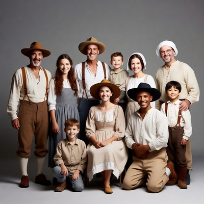 Large family in pioneer costumes posing together