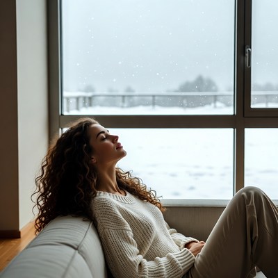 Woman gazing at snowy window
