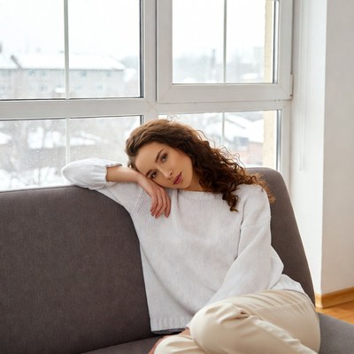 Woman resting chin on hand by snowy window
