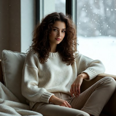 Woman in white sweater by snowy window