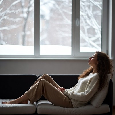 Woman relaxing by snowy window