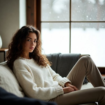 Woman gazing out snowy window