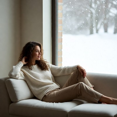 Woman gazing out snowy window