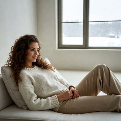 Woman lounging on sofa by snowy window