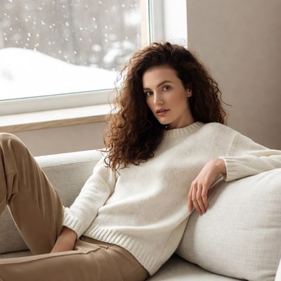 Woman with curly hair by snowy window