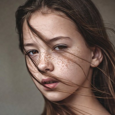 Teen girl with freckles and flowing hair