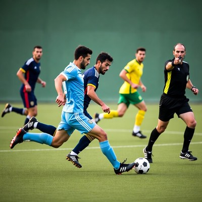 Soccer players competing for ball