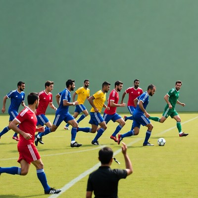 Soccer players chasing ball with referee