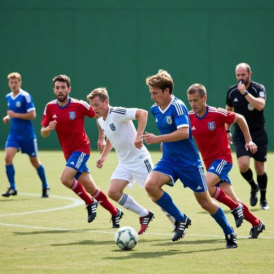 Soccer players competing for ball