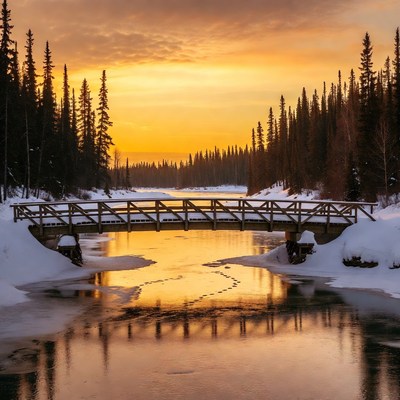 Wooden Bridge Over Snowy River at Sunset