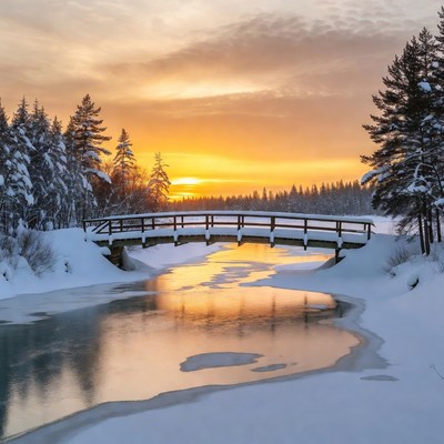Snowy Wooden Bridge Over Frozen River at Sunset